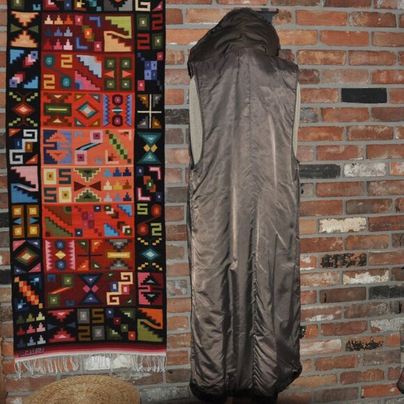 Nutria Fur  Black & Brown Plaid Long Vest, XL Collar Sleeveless Coat Duster S - Picture 15 of 15